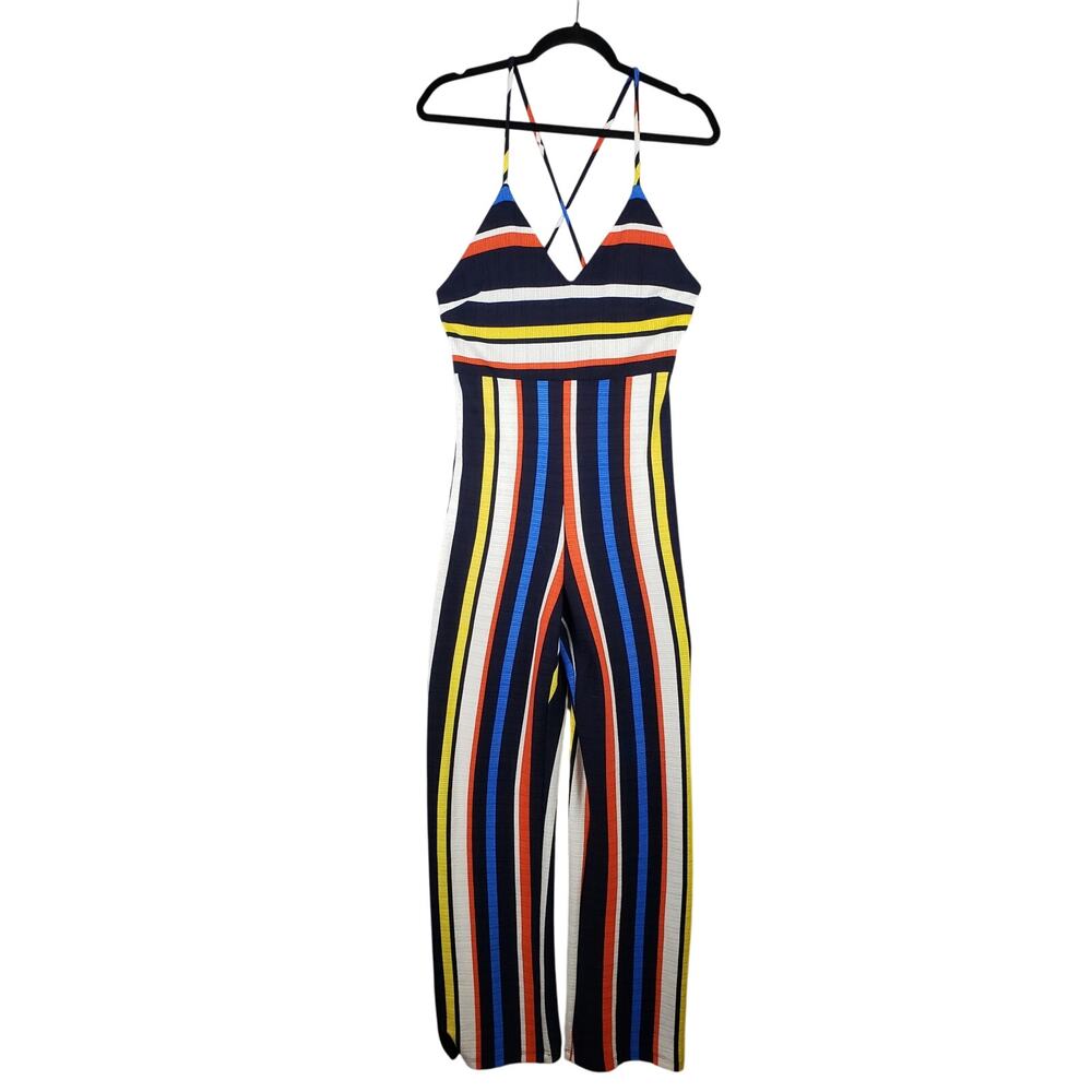 Privy Size L V-Neck Striped Jumpsuit Blue Multicolor Fitted Futuristic Eclectic